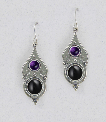 Sterling Silver Black Onyx And Amethyst Gemstone Drop Dangle Earrings